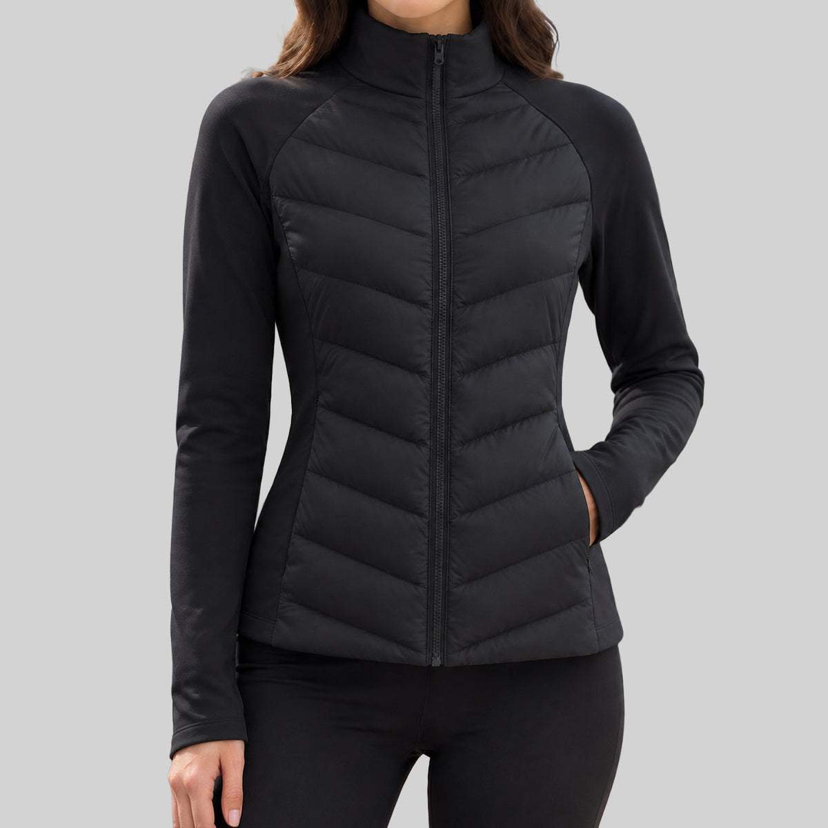 Avril - Women's Full-Zip High-Neck Chevron-Quilted Jacket 