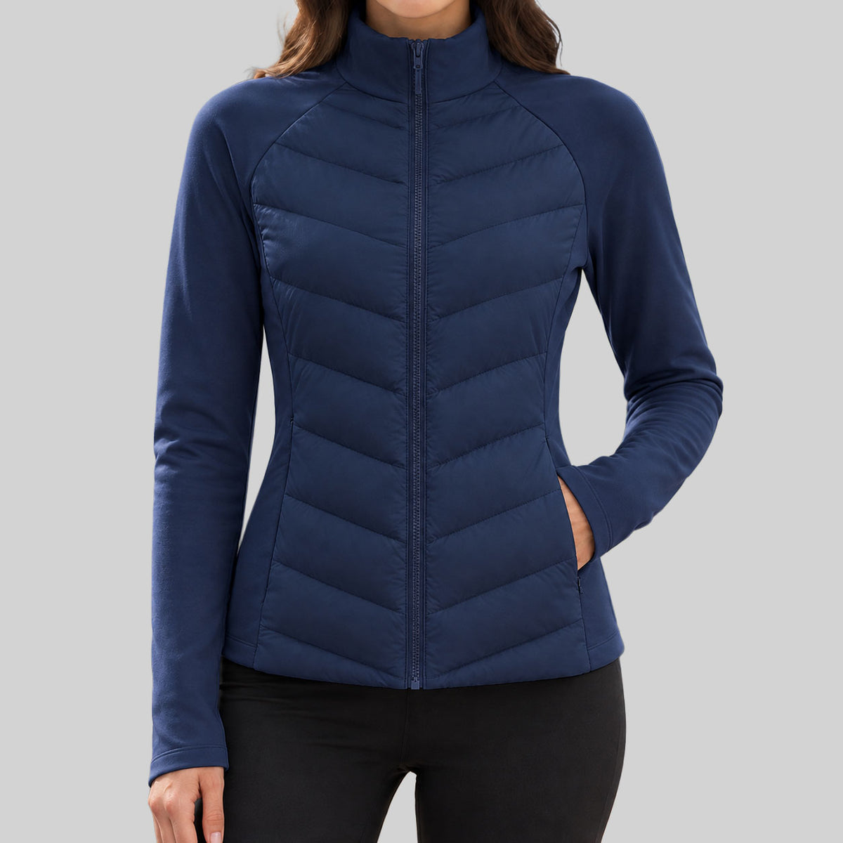 Avril - Women's Full-Zip High-Neck Chevron-Quilted Jacket 