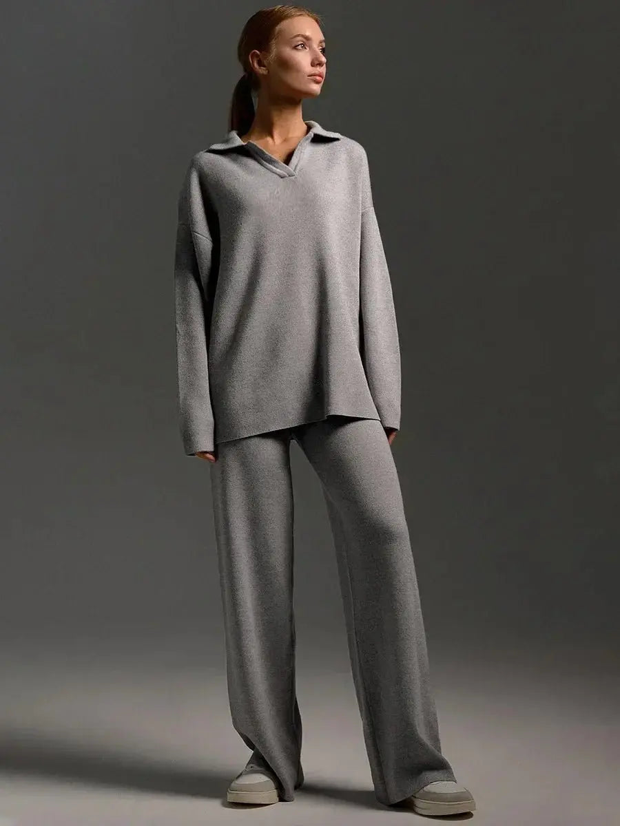 Beatrice - Women's Collared Oversized Lounge Set with Wide-Leg Pants