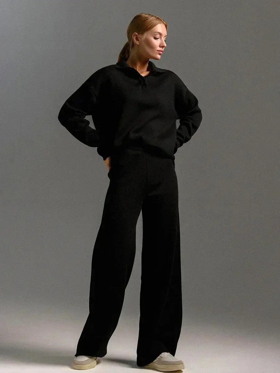 Beatrice - Women's Collared Oversized Lounge Set with Wide-Leg Pants