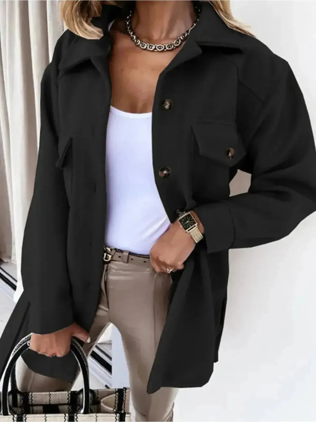 Beatrice - Women's Oversized Button-Front Jacket with Patch Pockets