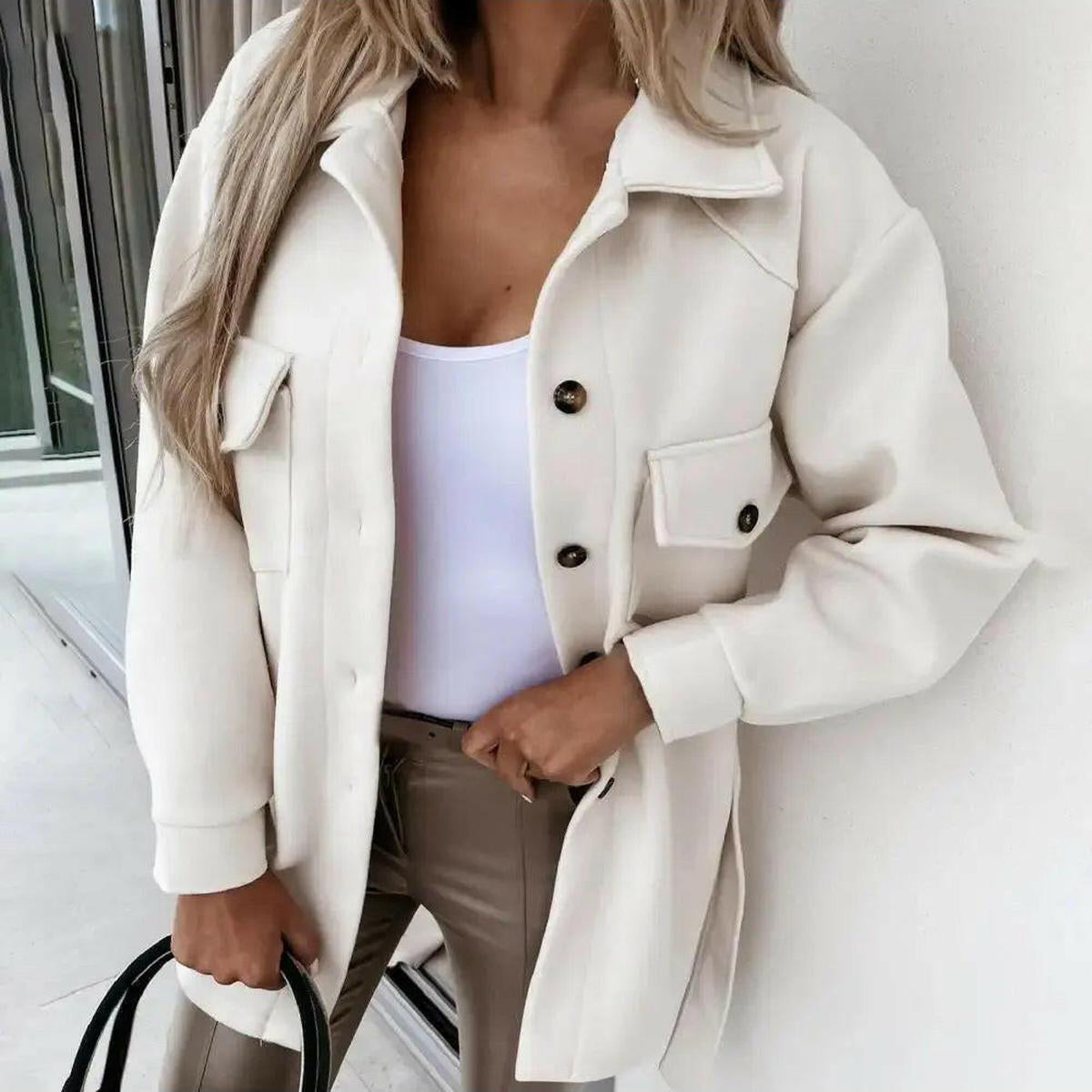 Beatrice - Women's Oversized Button-Front Jacket with Patch Pockets