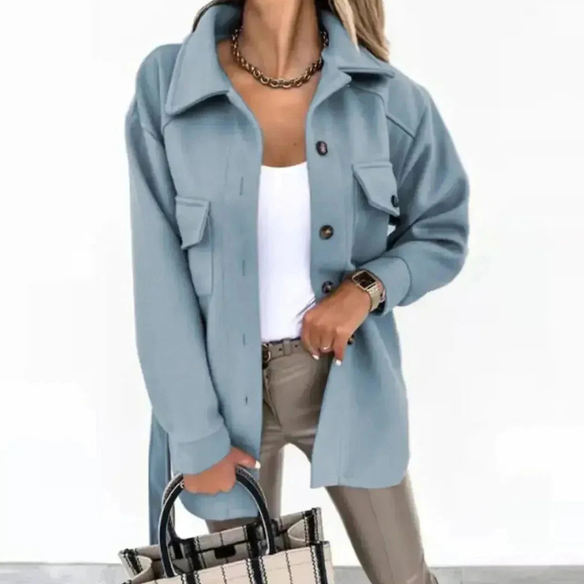 Beatrice - Women's Oversized Button-Front Jacket with Patch Pockets