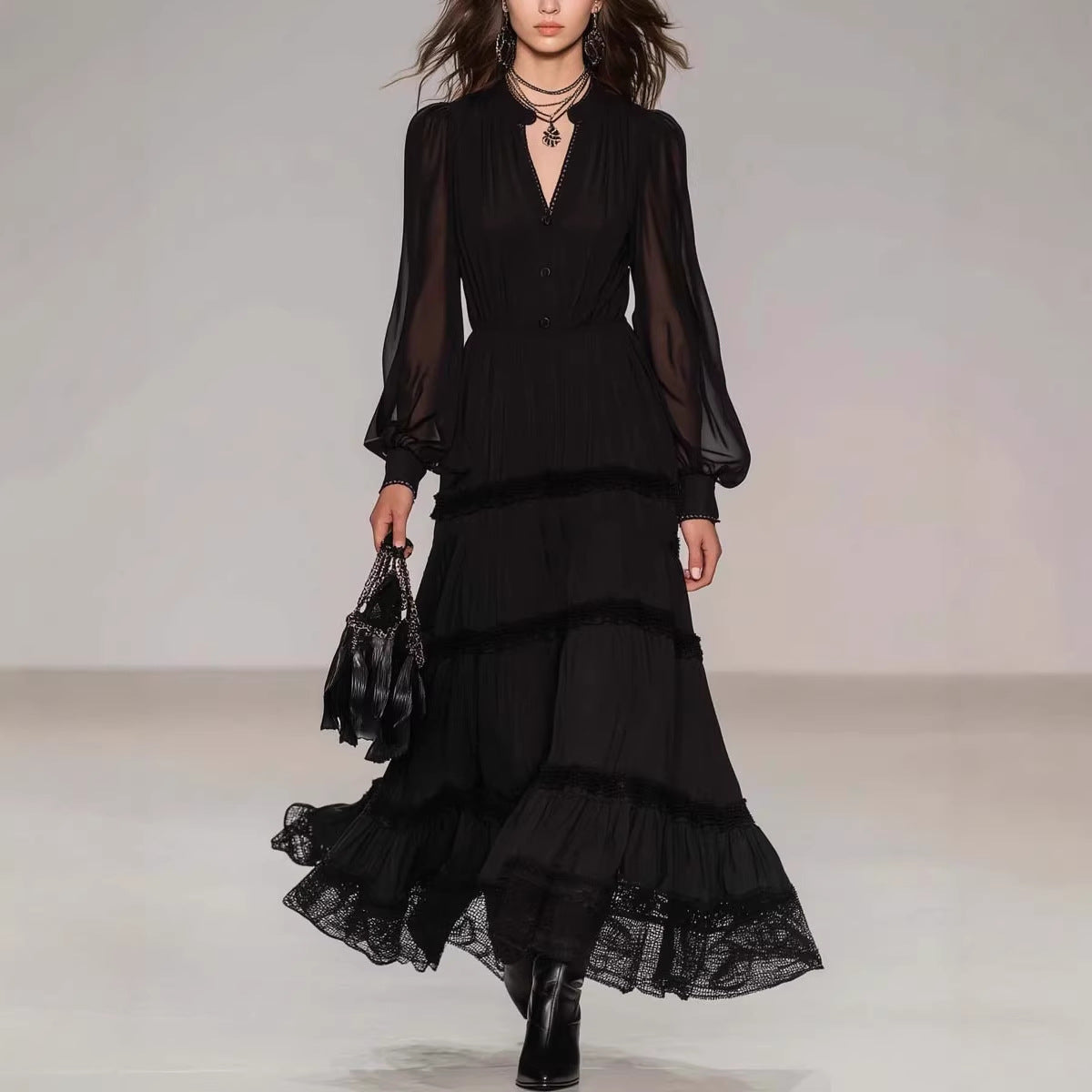 Bernadette - Women's V-Neck Sleeve Tiered Maxi Dress 1