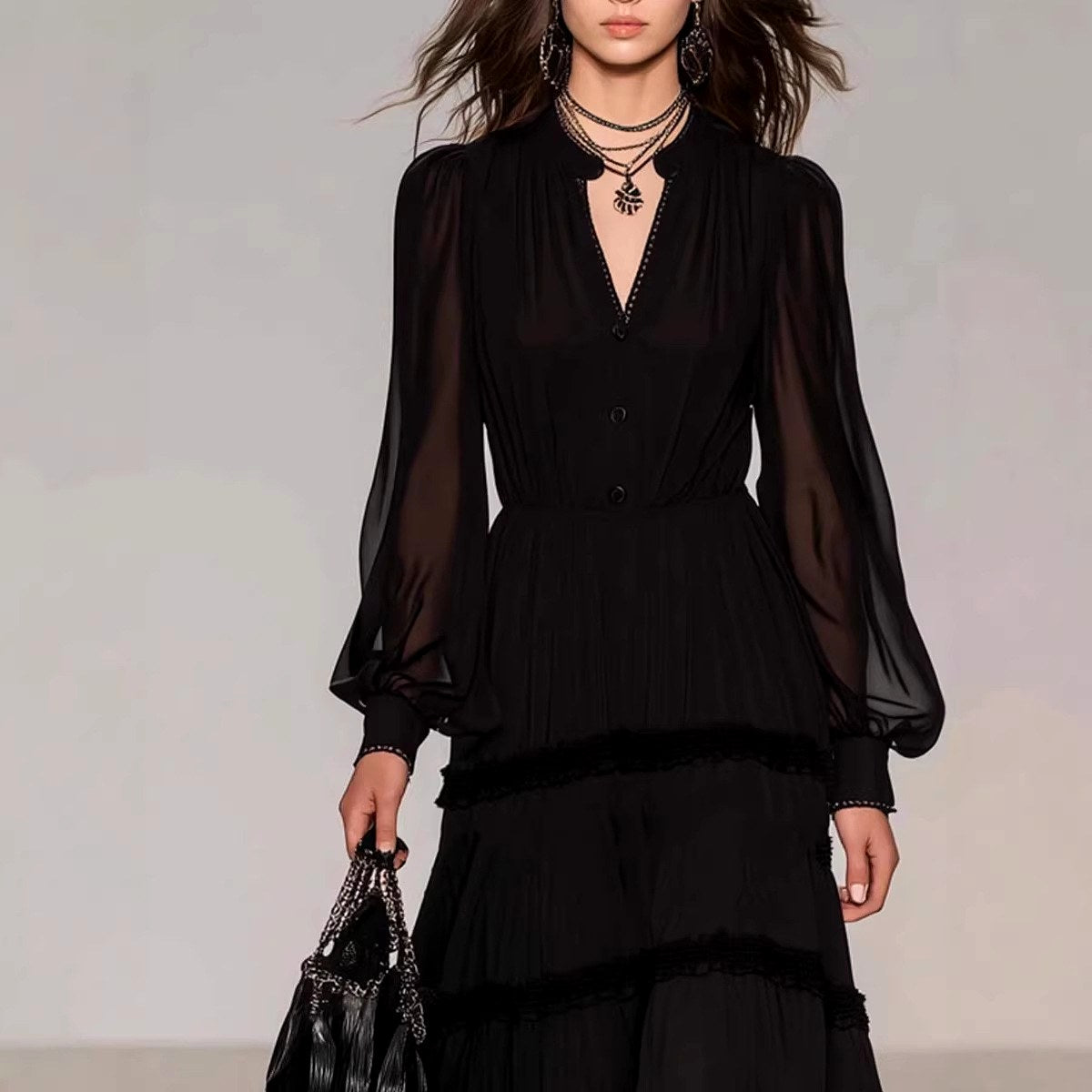Bernadette - Women's V-Neck Sleeve Tiered Maxi Dress 2