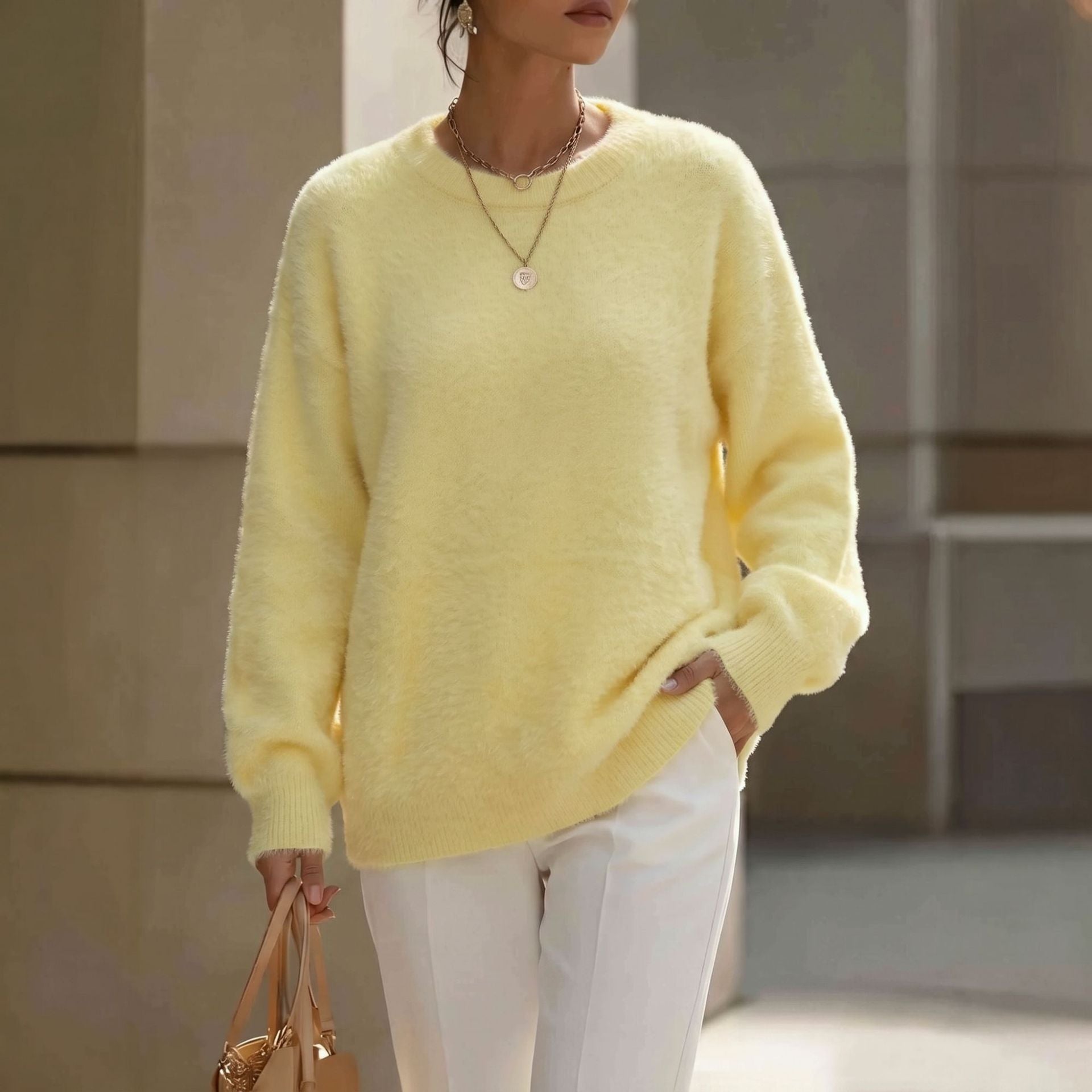 Bethany - Women's Fuzzy Crew Neck Relaxed Sweater 1