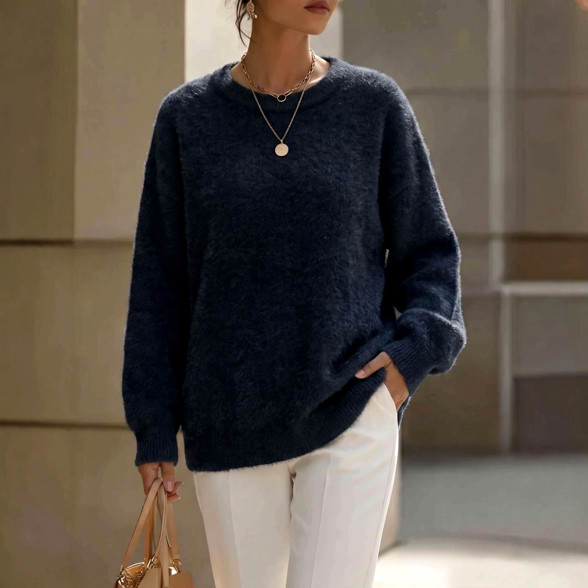 Bethany - Women's Fuzzy Crew Neck Relaxed Sweater 2