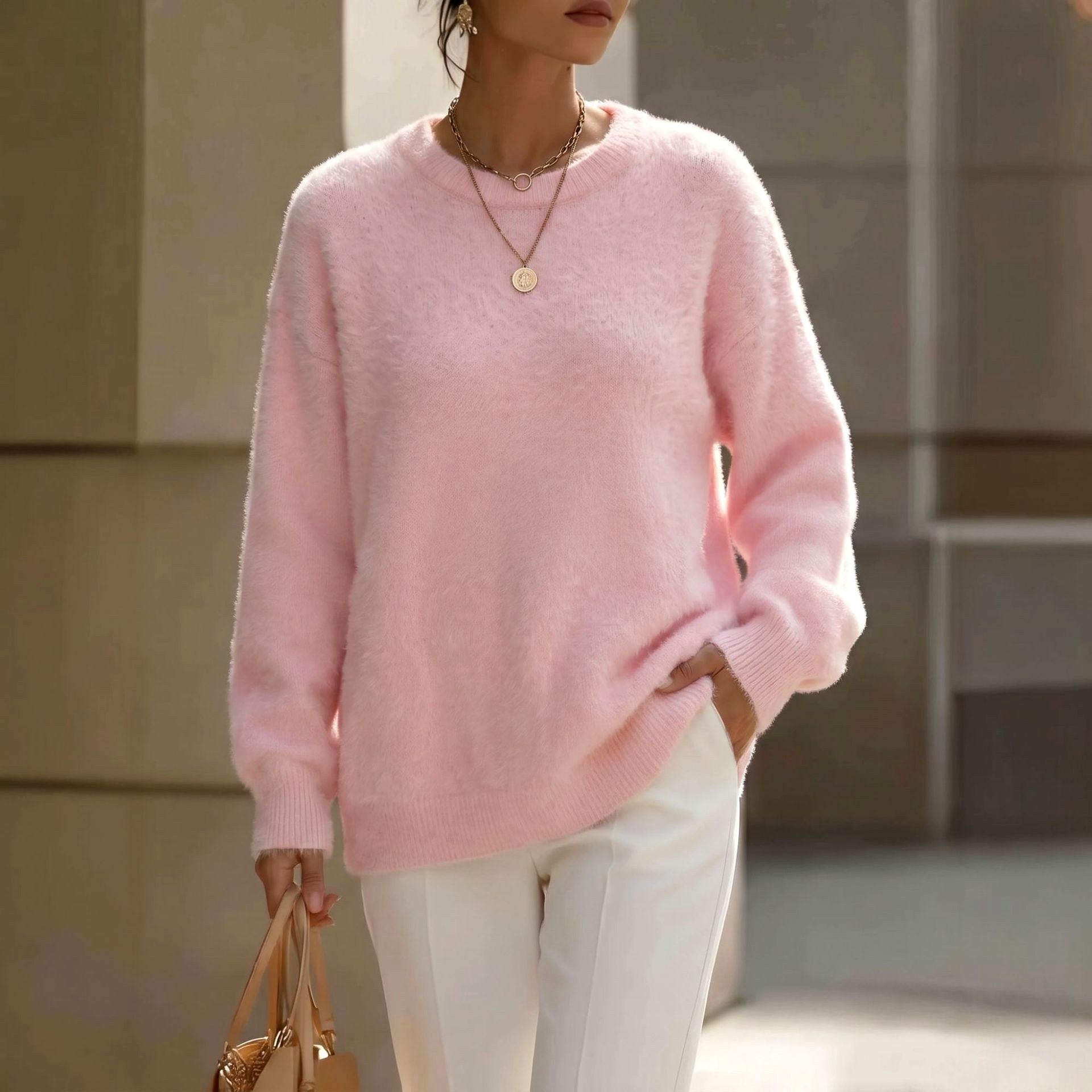 Bethany - Women's Fuzzy Crew Neck Relaxed Sweater 3