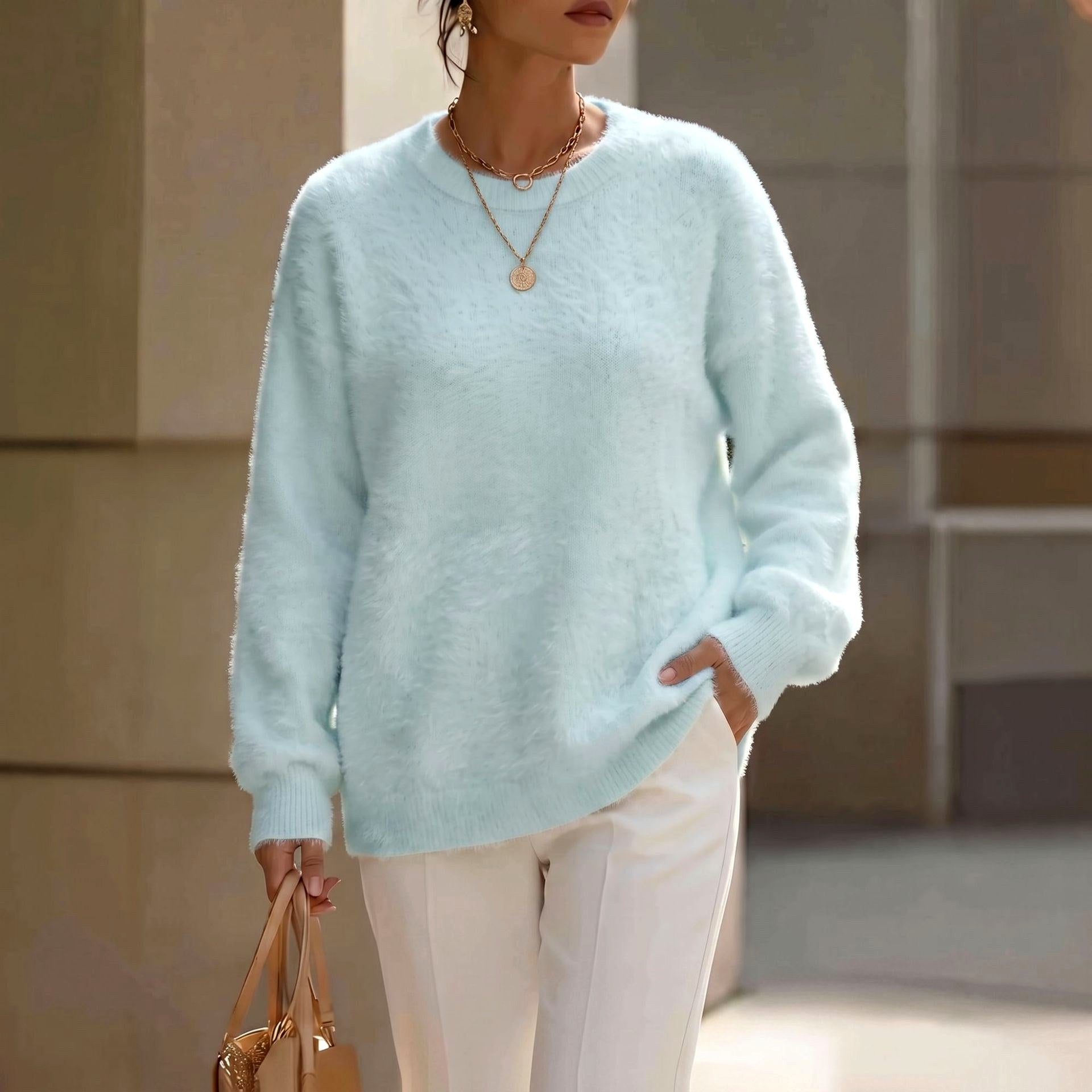 Bethany - Women's Fuzzy Crew Neck Relaxed Sweater 4