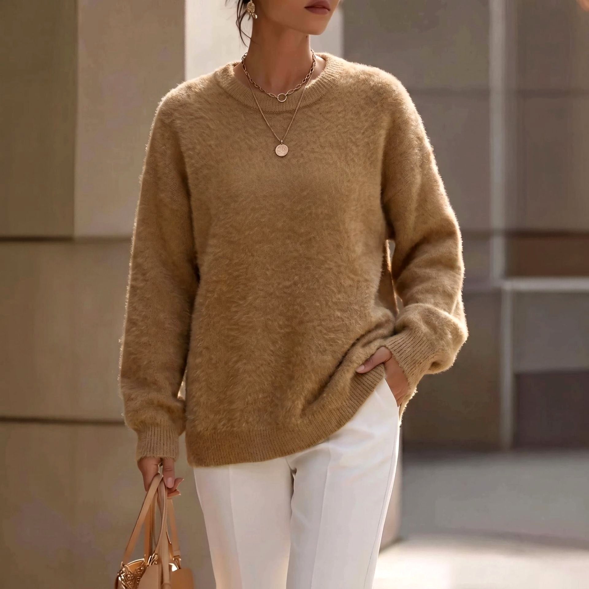 Bethany - Women's Fuzzy Crew Neck Relaxed Sweater 5