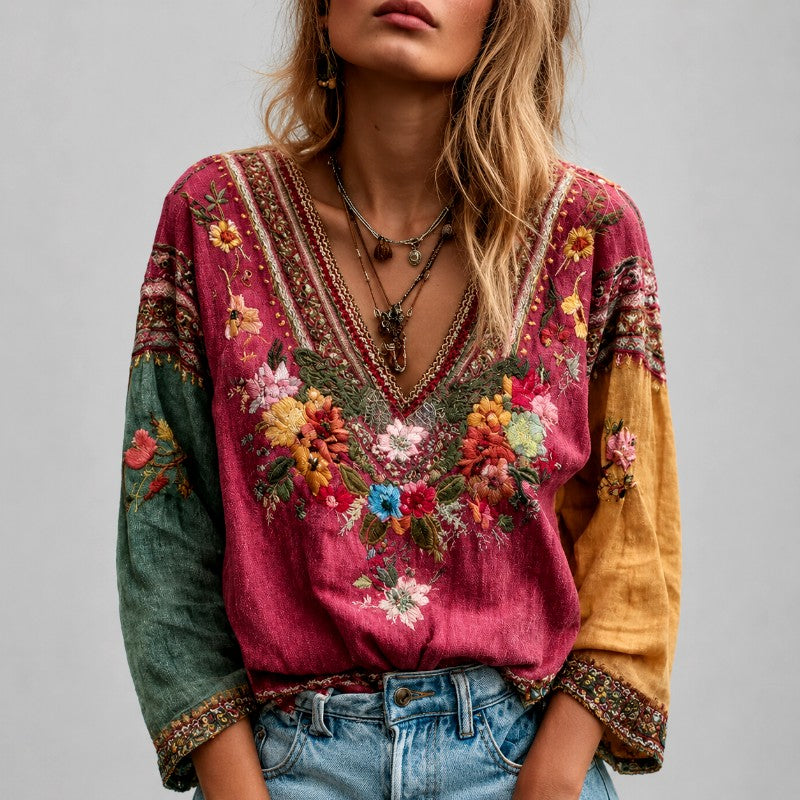 Bianca - Women's Boho Floral Embroidered V-Neck Blouse 1