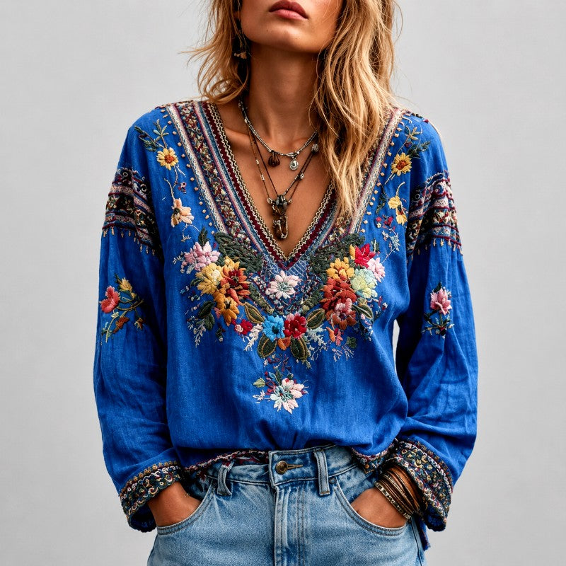 Bianca - Women's Boho Floral Embroidered V-Neck Blouse 2