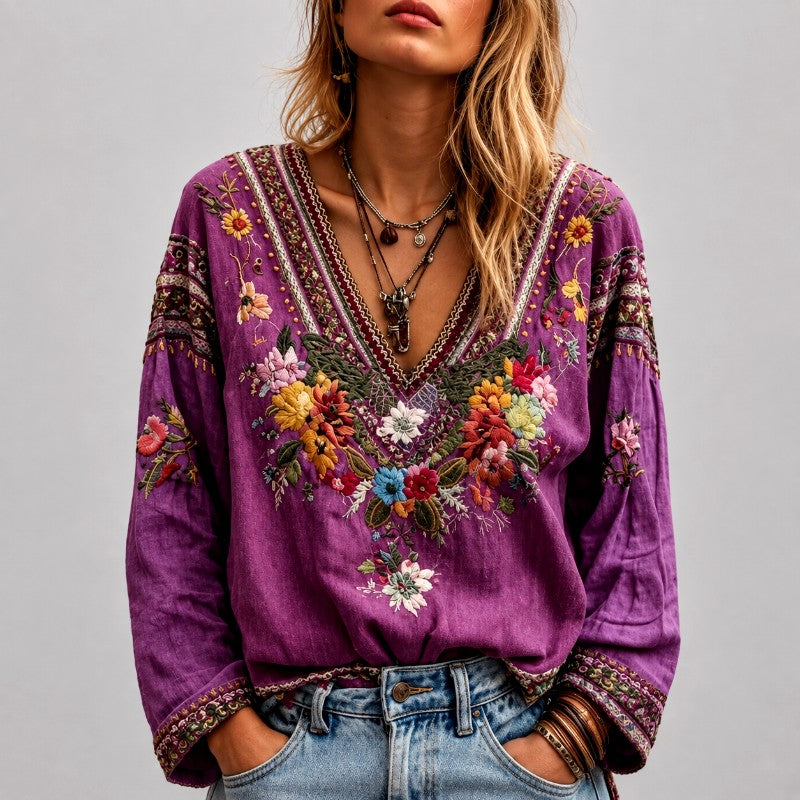 Bianca - Women's Boho Floral Embroidered V-Neck Blouse 4