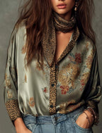 Blaire - Women's Floral Leopard Print Satin Button-Up Blouse 1