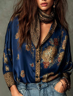 Blaire - Women's Floral Leopard Print Satin Button-Up Blouse 4
