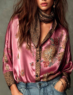 Blaire - Women's Floral Leopard Print Satin Button-Up Blouse 5