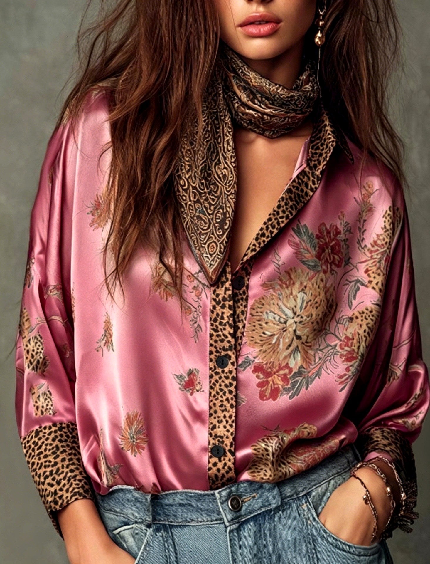 Blaire - Women's Floral Leopard Print Satin Button-Up Blouse 5