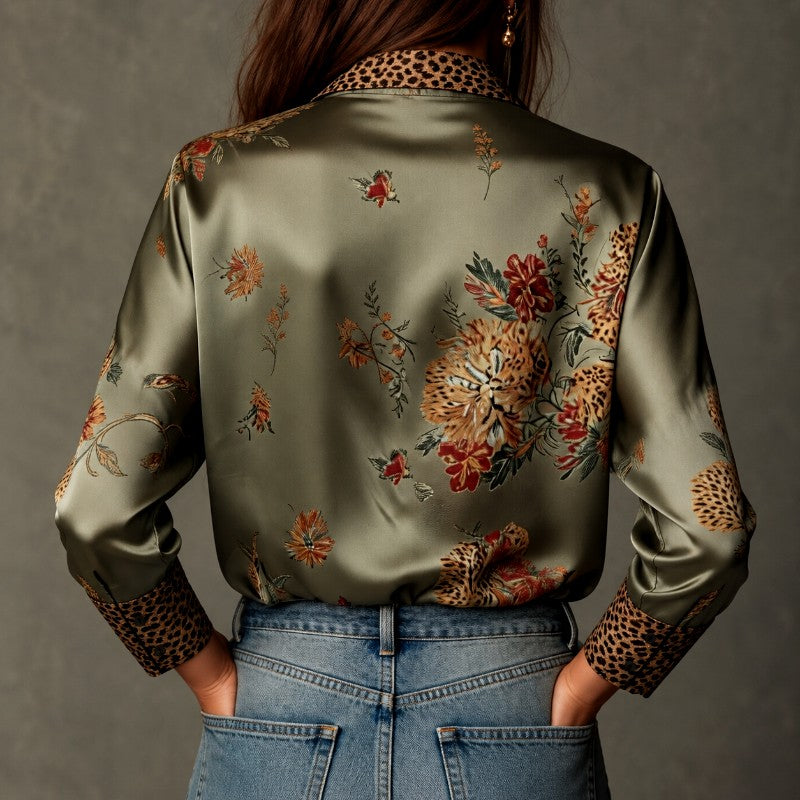 Blaire - Women's Floral Leopard Print Satin Button-Up Blouse 6