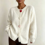 Brittany - Women's Heart Button Fuzzy Knit Cardigan 1