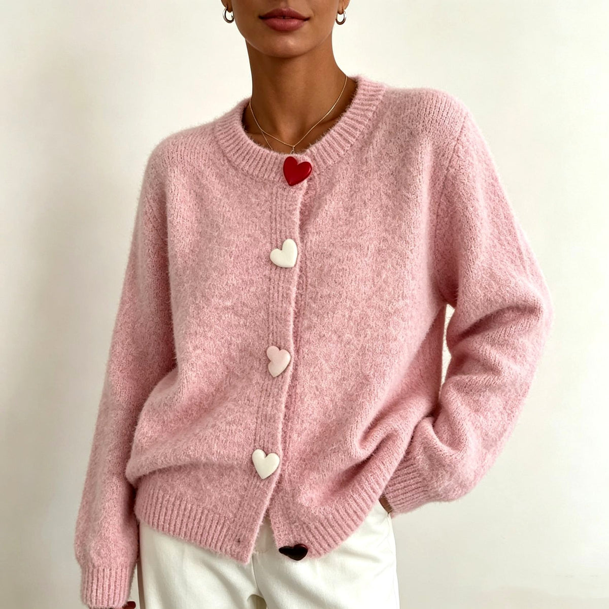 Brittany - Women's Heart Button Fuzzy Knit Cardigan 2