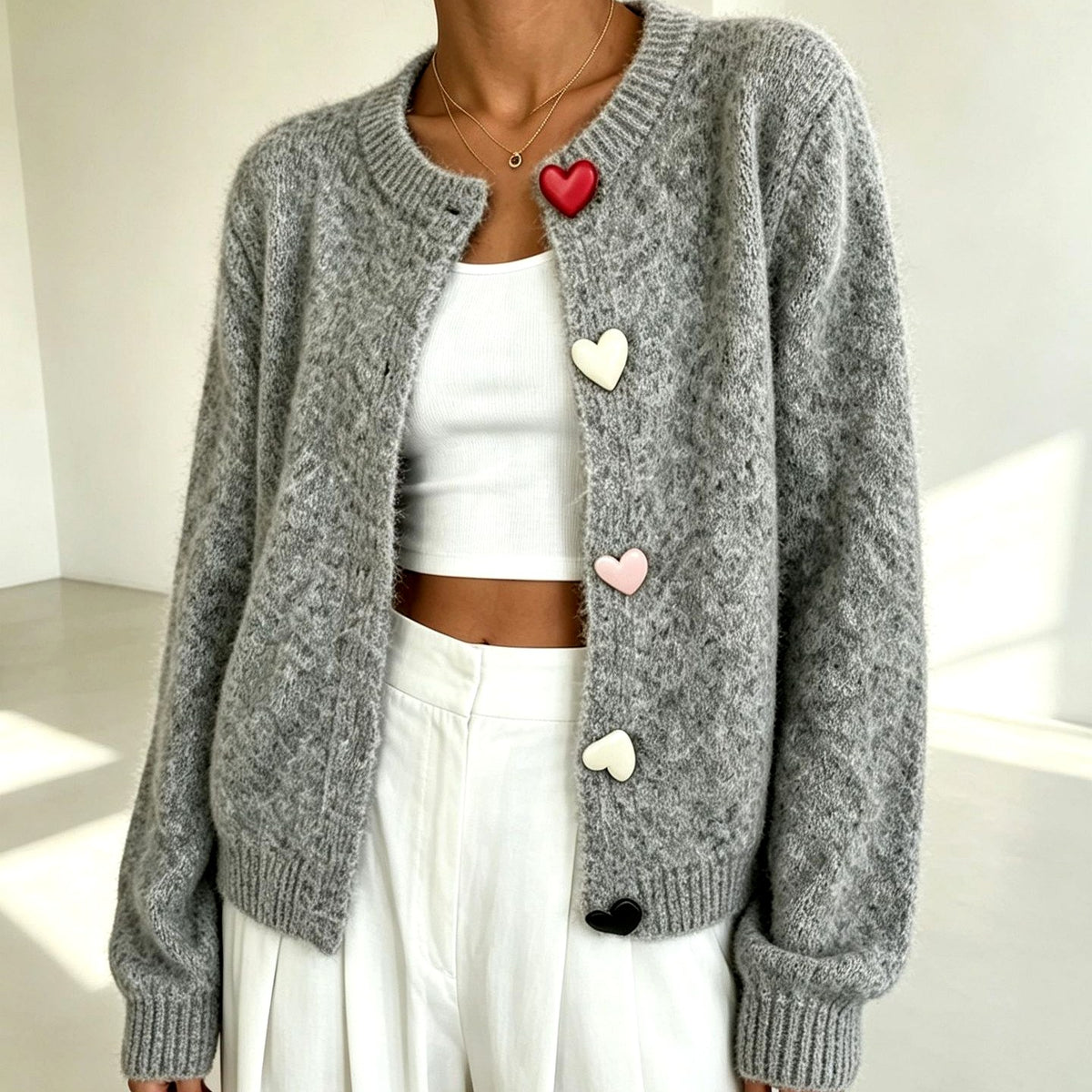 Brittany - Women's Heart Button Fuzzy Knit Cardigan 3