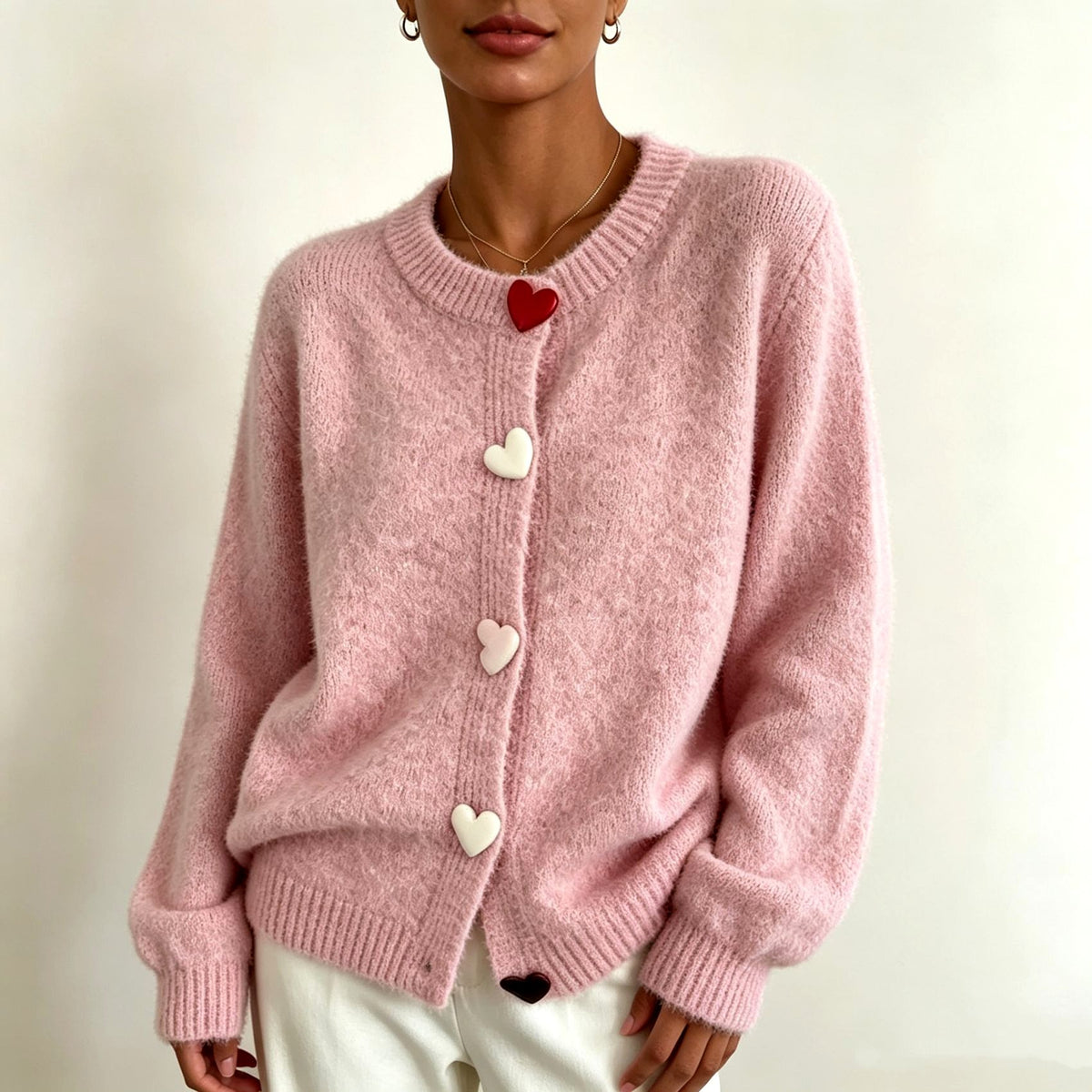 Brittany - Women's Heart Button Fuzzy Knit Cardigan 4