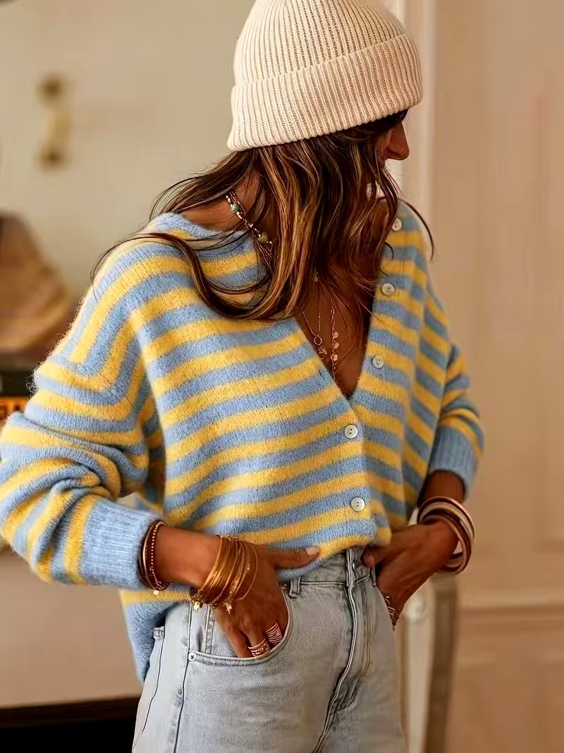 Brooke – Women’s Striped Fuzzy Button Knit Cardigan 3