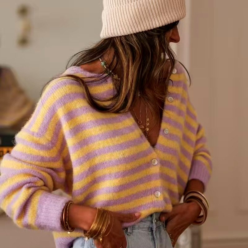 Brooke – Women’s Striped Fuzzy Button Knit Cardigan 4