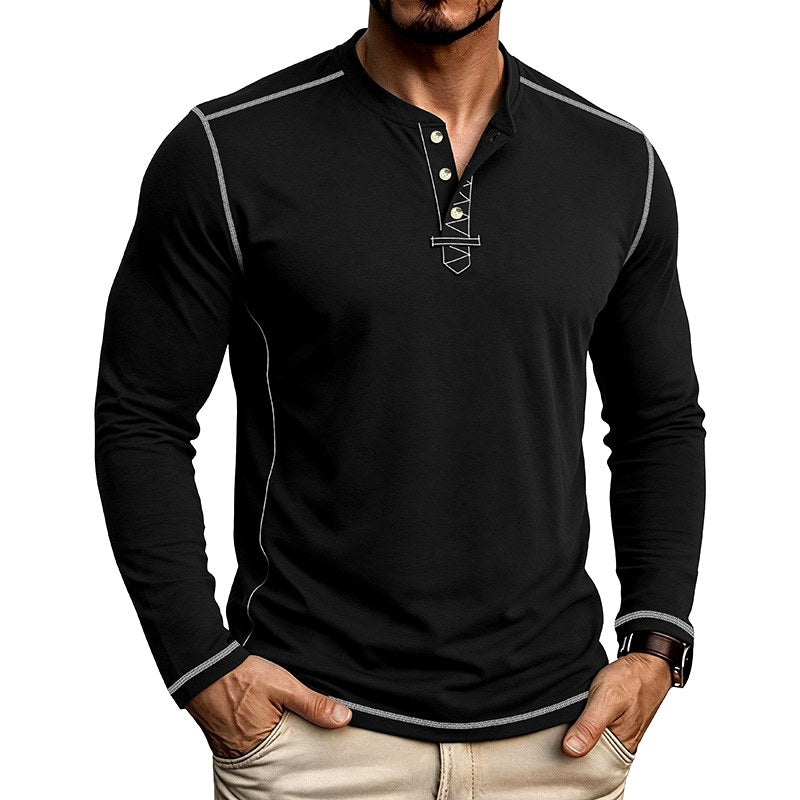 Brycen - Men's Contrast-Stitch Long Sleeve Henley T-Shirt 4