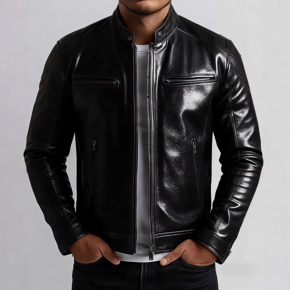 Bryon - Men's Faux Leather Zip-Up Biker Jacket with Pockets 1