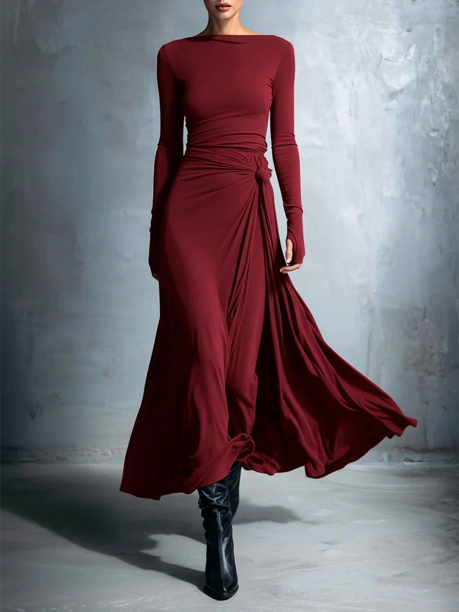 Calantha - Women's Boat Neck Long Sleeve Slim Fit Maxi Dress 2
