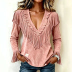 Calliope - Women’s Western Suede Fringe V-Neck Top 1