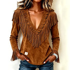 Calliope - Women’s Western Suede Fringe V-Neck Top 4
