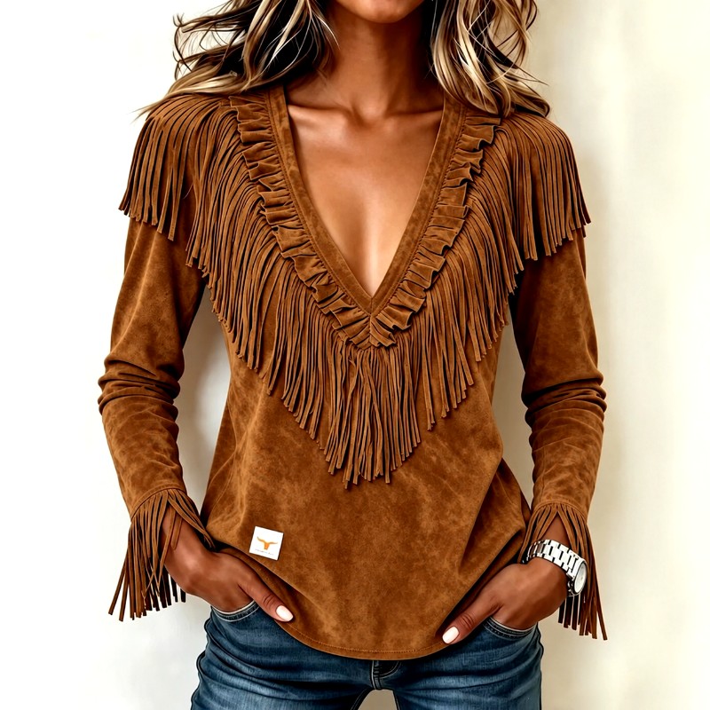 Calliope - Women’s Western Suede Fringe V-Neck Top 4