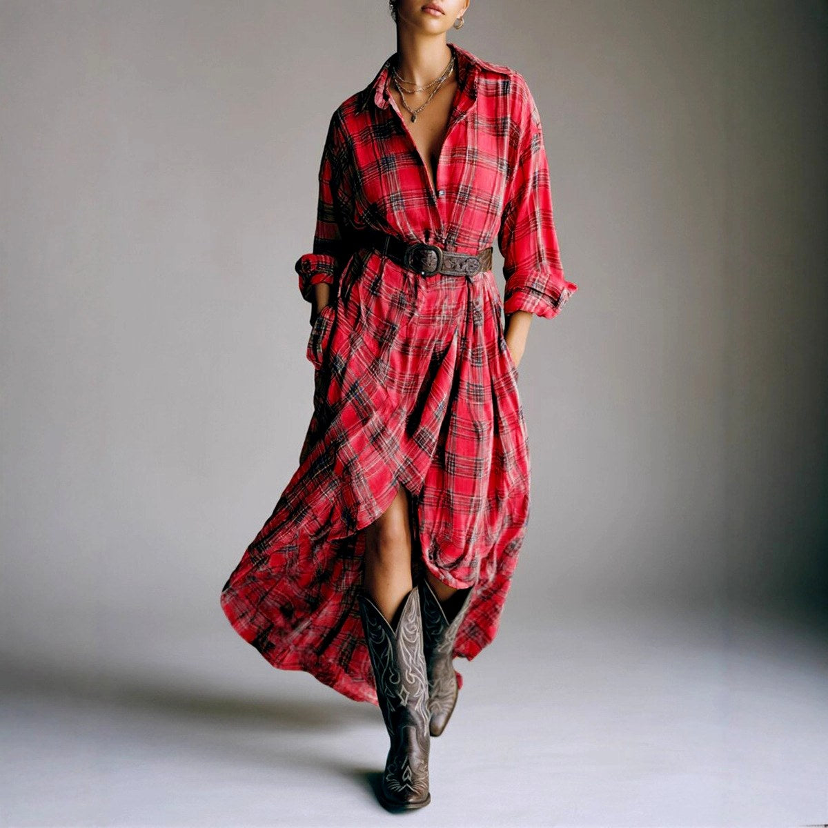 Calliope - Women's Plaid Button-Down Fall Shirt Dress 2