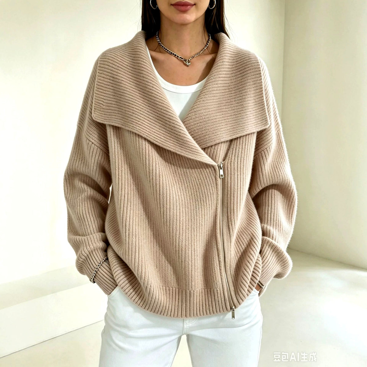 Carlotta - Women's Ribbed Wide Collar Zip-Up Knit Cardigan 1