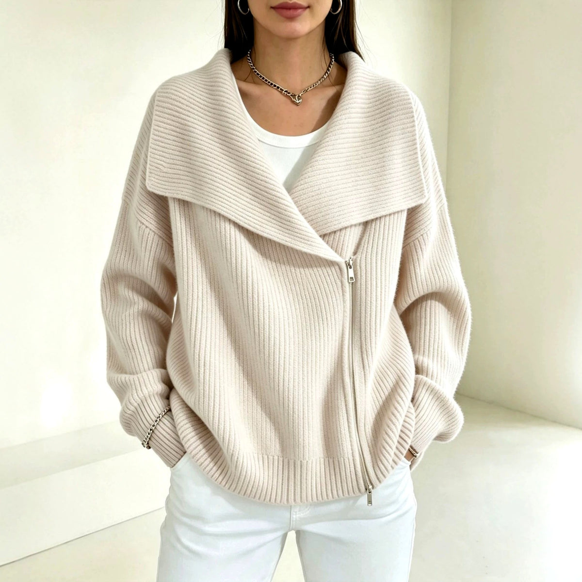 Carlotta - Women's Ribbed Wide Collar Zip-Up Knit Cardigan 2