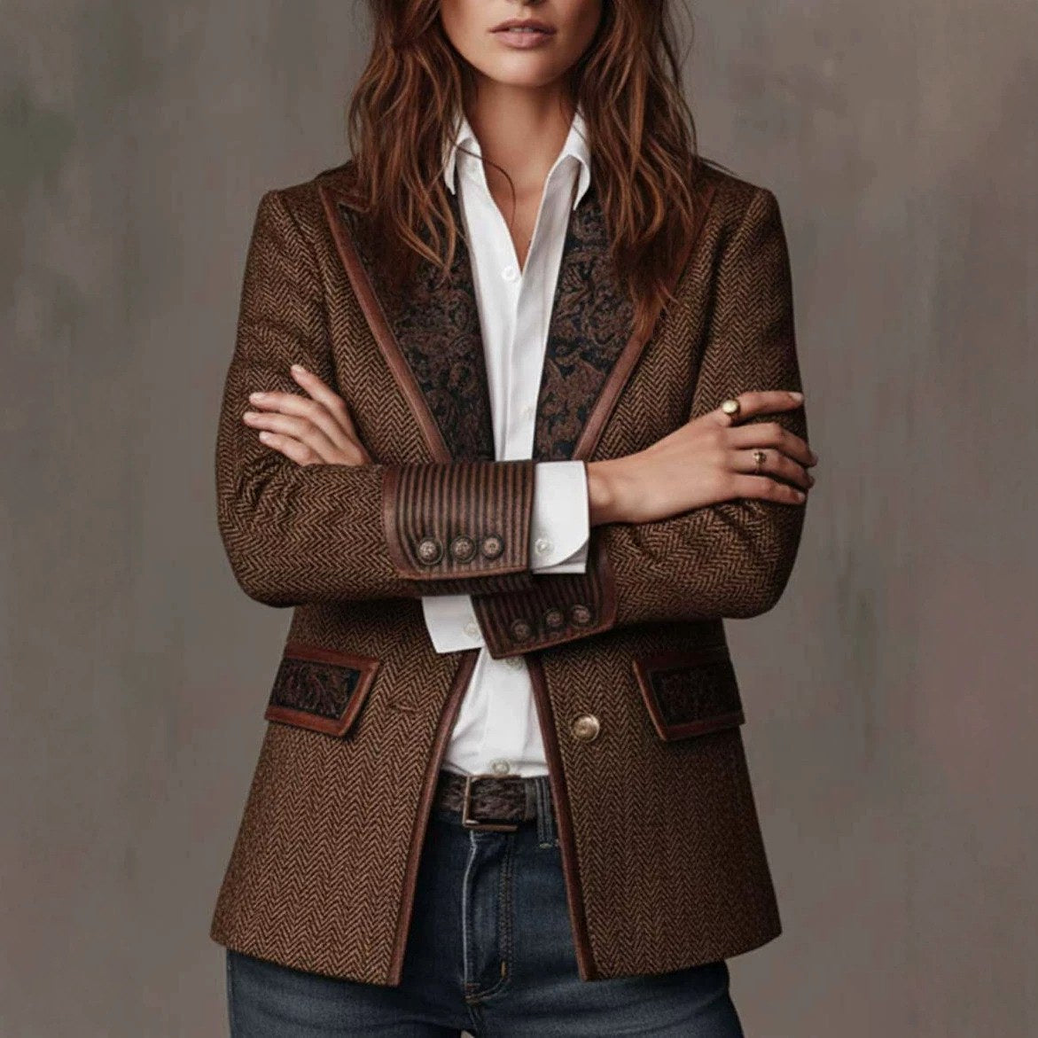 Caroline - Women's Herringbone Contrast Lapel Fitted Blazer 2