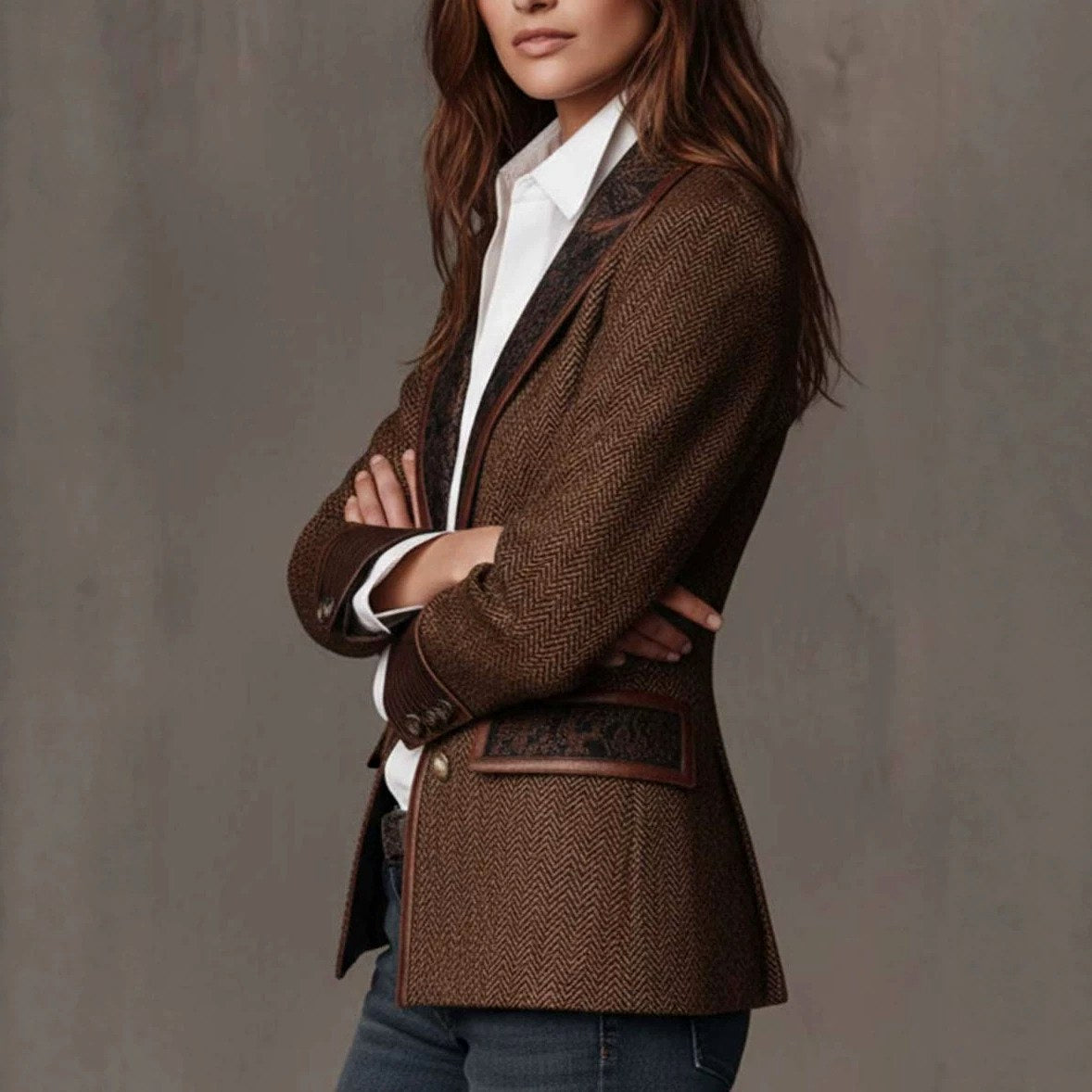 Caroline - Women's Herringbone Contrast Lapel Fitted Blazer 3