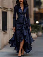 Cassandra - Women's Wrap Satin Maxi Dress with Cascading Ruffle Hem