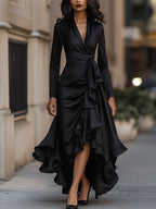 Cassandra - Women's Wrap Satin Maxi Dress with Cascading Ruffle Hem
