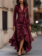 Cassandra - Women's Wrap Satin Maxi Dress with Cascading Ruffle Hem