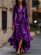 Cassandra - Women's Wrap Satin Maxi Dress with Cascading Ruffle Hem
