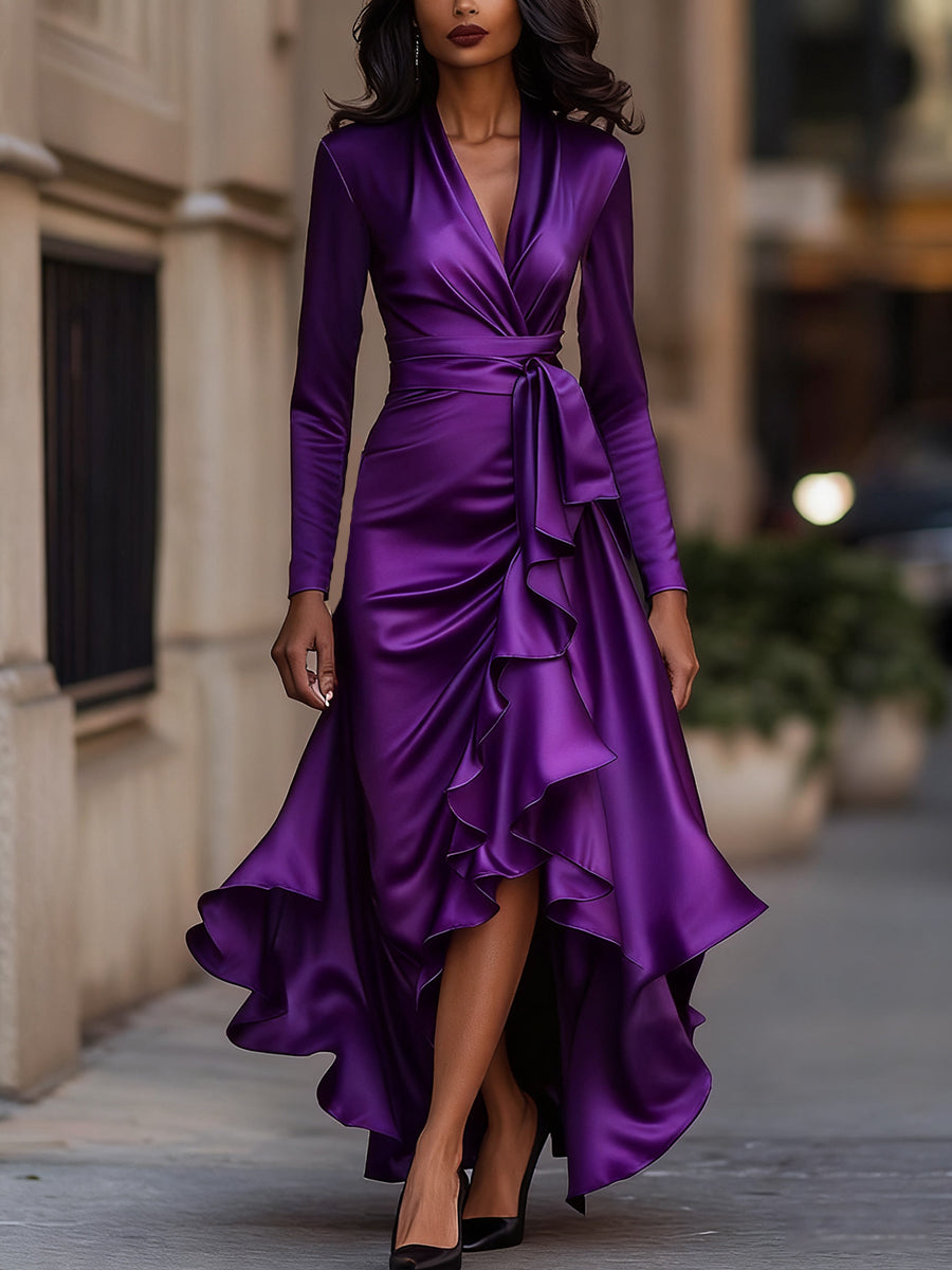 Cassandra - Women's Wrap Satin Maxi Dress with Cascading Ruffle Hem