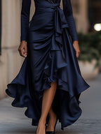 Cassandra - Women's Wrap Satin Maxi Dress with Cascading Ruffle Hem