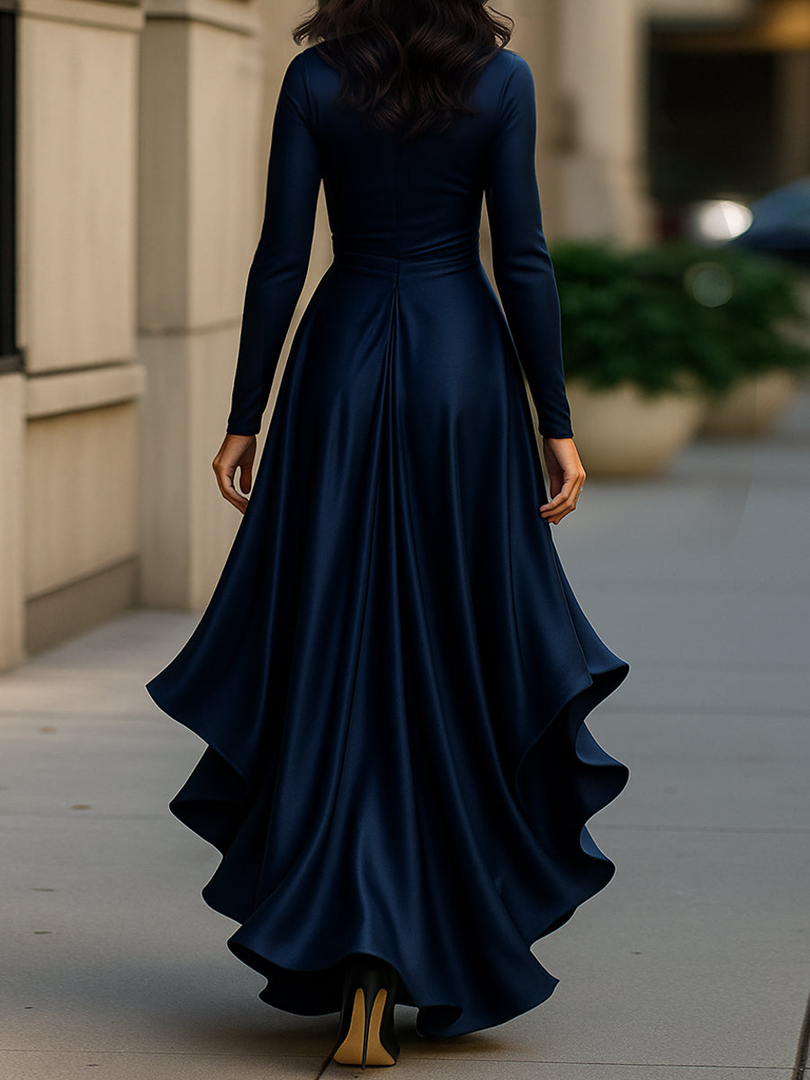 Cassandra - Women's Wrap Satin Maxi Dress with Cascading Ruffle Hem