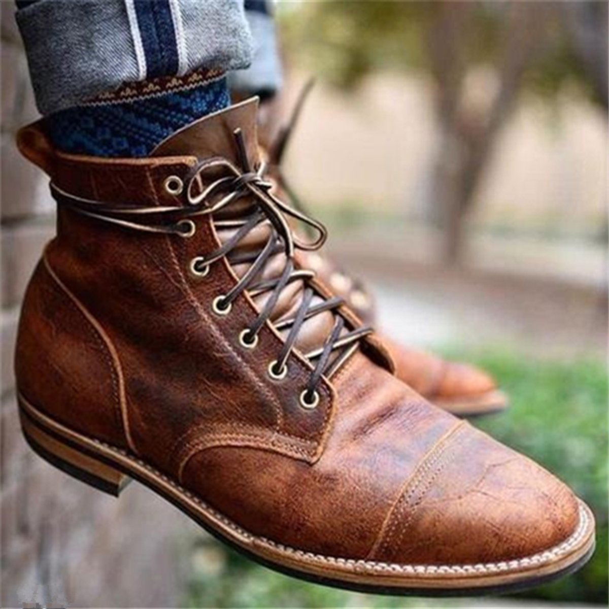 Cedric - Men's Lace-Up Cap-Toe Boots with Rubber Sole