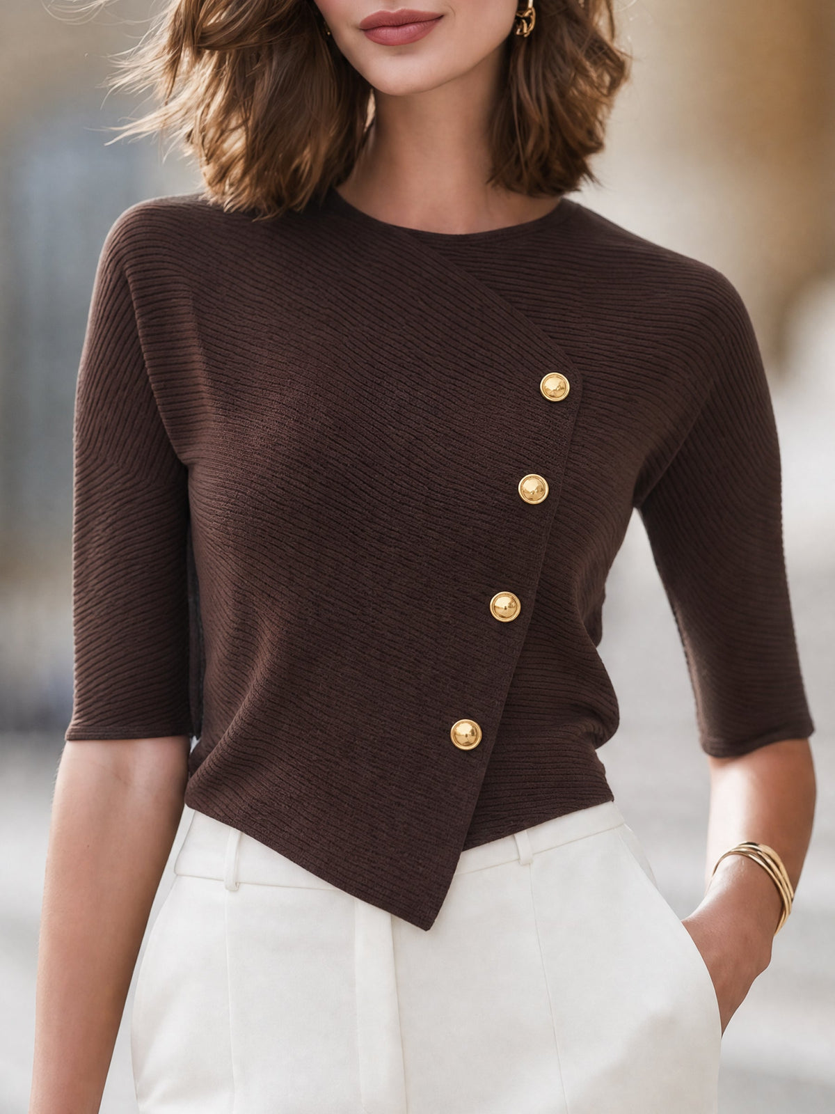 Celeste - Women's Asymmetric Button-Front Ribbed Knit Top