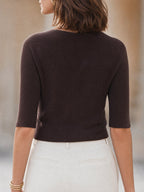 Celeste - Women's Asymmetric Button-Front Ribbed Knit Top