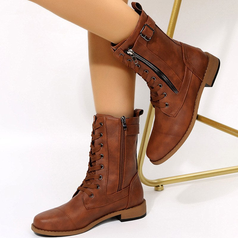 Celeste - Women's Leather Zip Side Lace-Up Ankle Boots 5